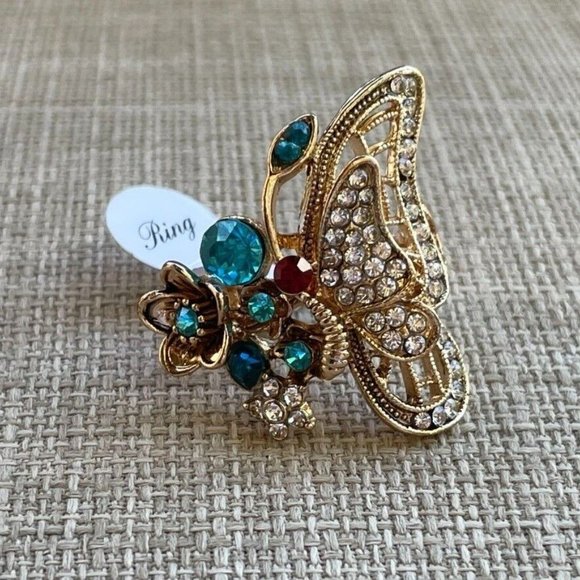 Fashion Women Ring Gold Tone Jewelry Multi Color Crystal Accent Butterfly Size 8 - Picture 2 of 13